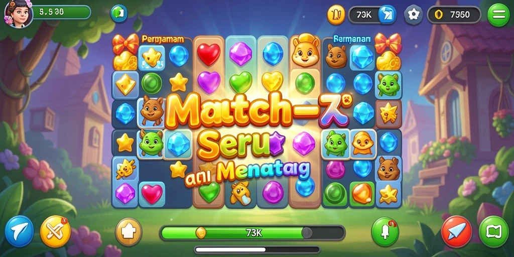 Screenshot gameplay 73K menampilkan aksi seru permainan Match-3.