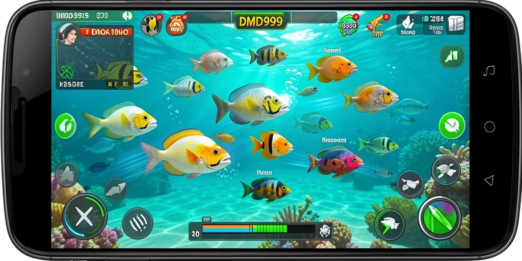 Gameplay seru DMD999 saat menembak ikan berwarna-warni.