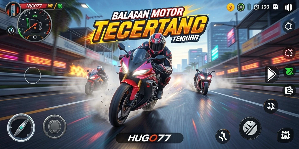 Gameplay HUGO77 menampilkan balapan motor yang menegangkan dan seru.