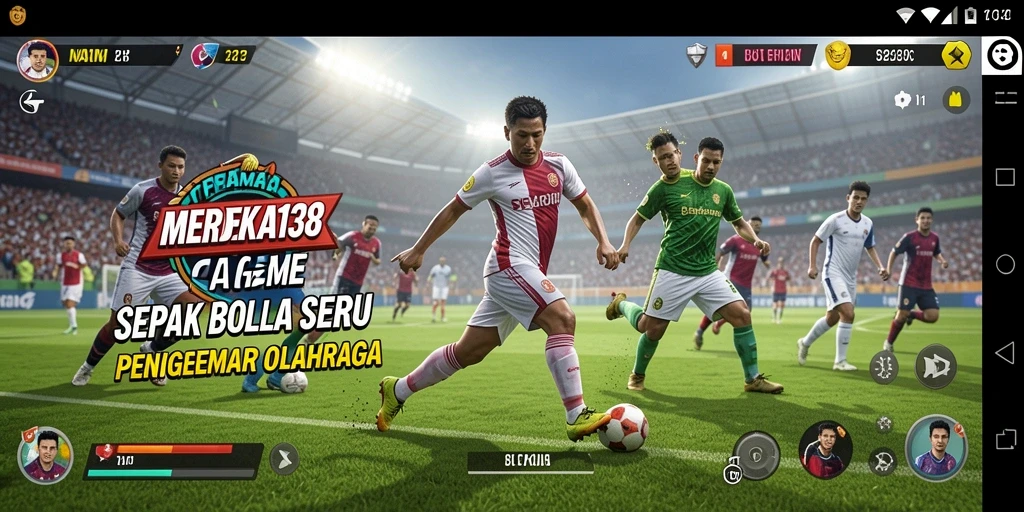 Screenshot utama MERDEKA138 menampilkan aksi seru permainan sepak bola.