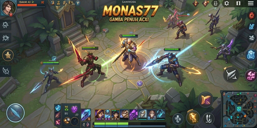 Gameplay seru dari MONAS77 yang menampilkan pertarungan tim MOBA.