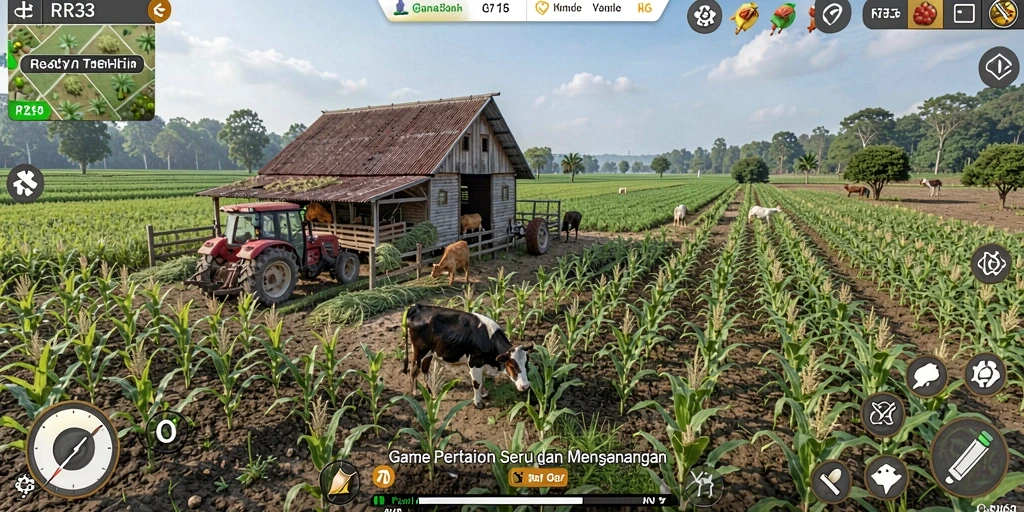 Tampilan gameplay <strong>RR33</strong> yang menampilkan ladang hijau dan aktifitas bertani.
