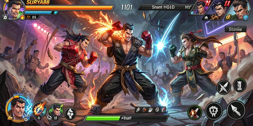 Tampilan gameplay SURYA88 dengan pertarungan epik dan karakter beragam.