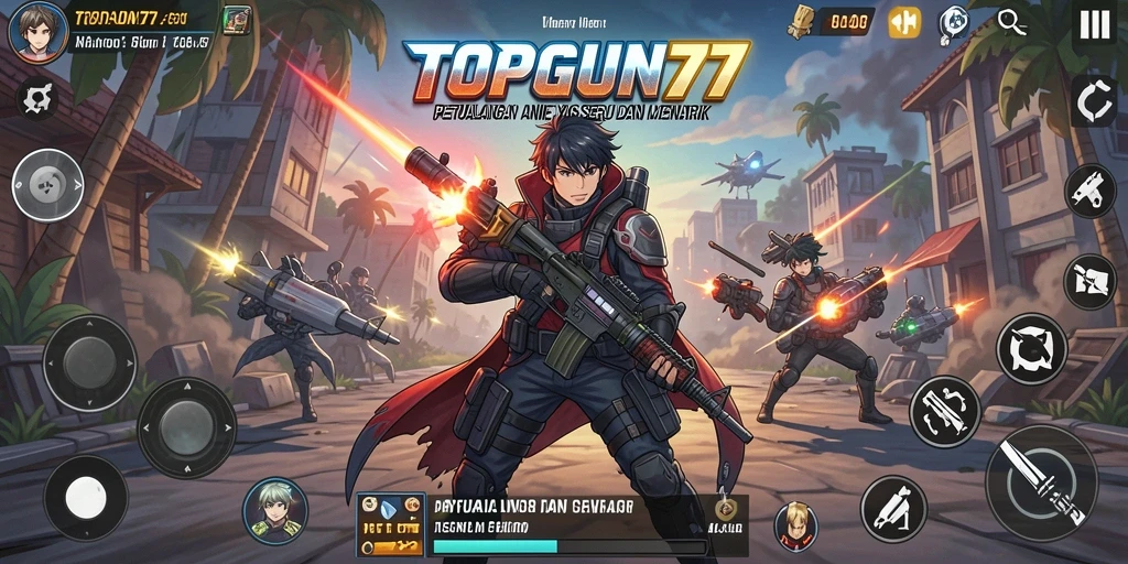 Tampilan seru dari gameplay TOPGUN77 dengan karakter anime.