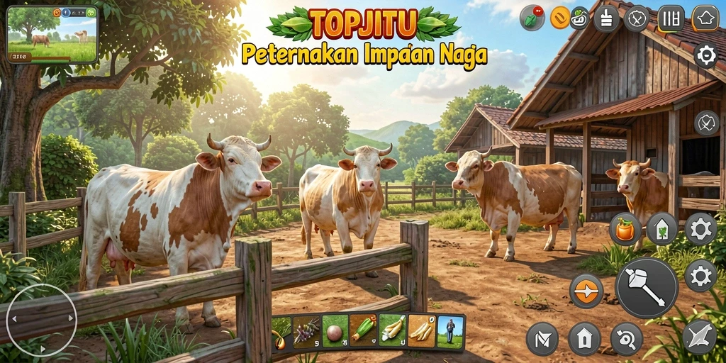 Screenshot gameplay TOPJITU menampilkan suasana petani yang ceria.